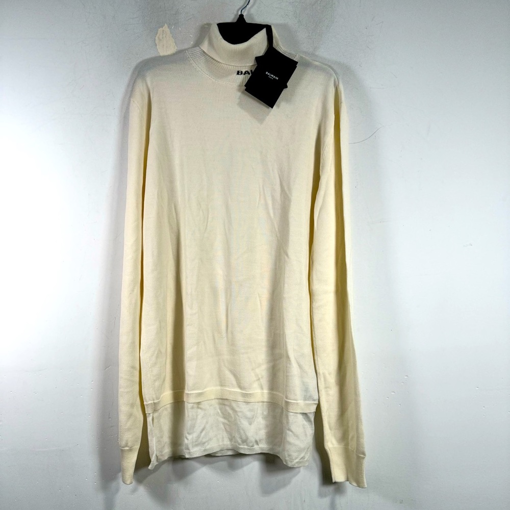 Balmain Long Sleeve Logo Neck Turtleneck Sweater, Men's Size XS - Off-White